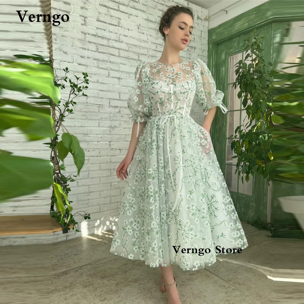Verngo Mint Green Tulle Lace Prom Dresses Puff Sleeves Boning Bow Ribbon Sash Tea Length Evening Party Gowns Flair Feminine Lady