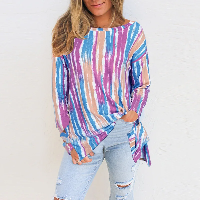 

Tie Dye Striped Casual Long T Shirt Autumn New Oversize Women Candy Color Print Long Sleeve T-shirts 3XL 4XL 5XL Tops Femme