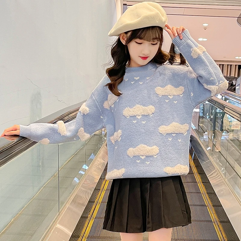 

Детский трикотажный пуловер, белый свитер с графическим рисунком, Повседневный пуловер для девочек 8, 12, в Корейском стиле, Осень-зима, новинка, 10 лет, 2023