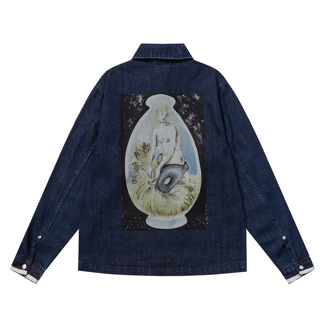 

2023 Fall Men's Denim Jacket Oil Painting Girl Loose Wash Shirt Print Lettering