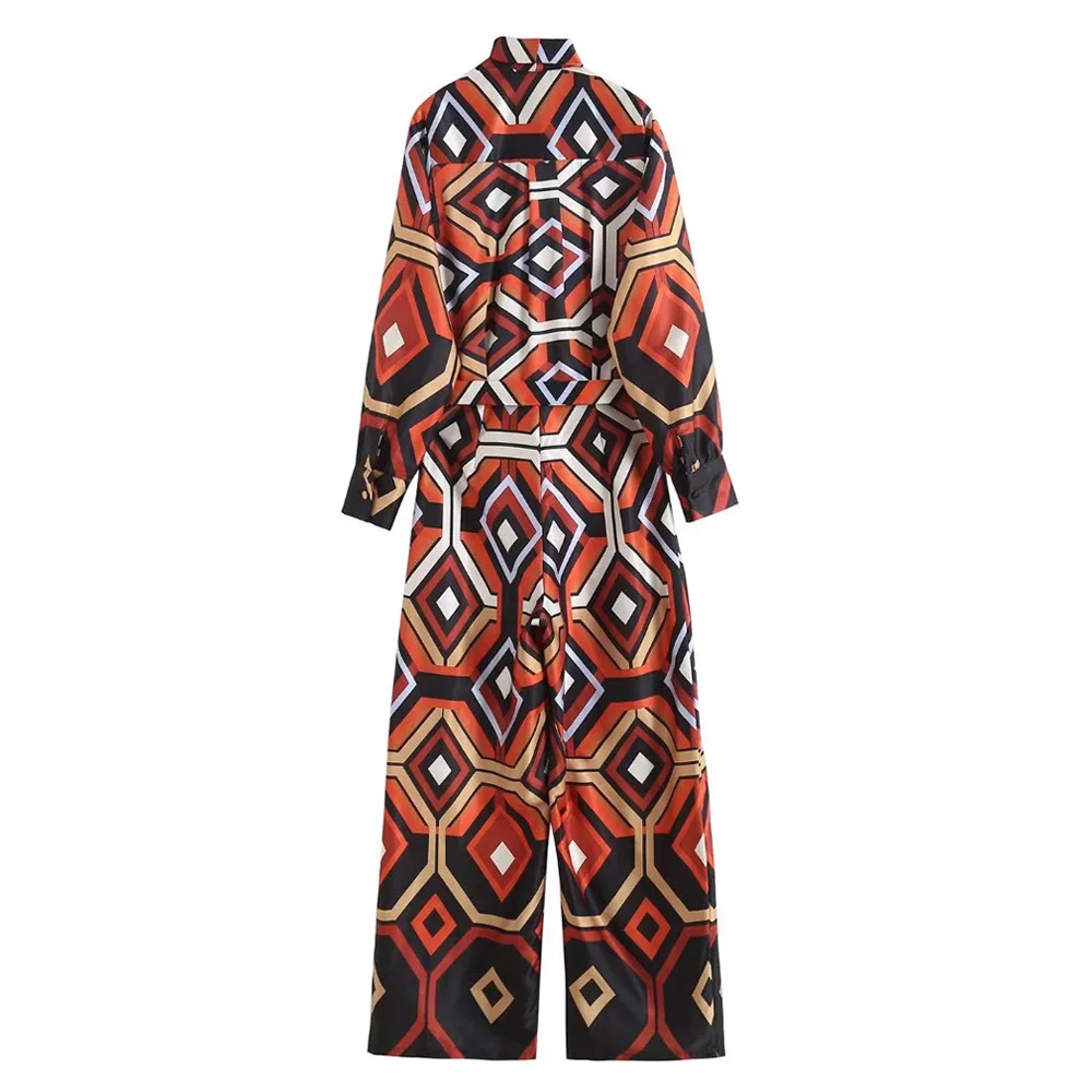 M GIRLS Women Fashion With Belt Geometric Print Wide Leg Jumpsuits Vintage Long Sleeve Side Zipper Female Playsuits Mujer
