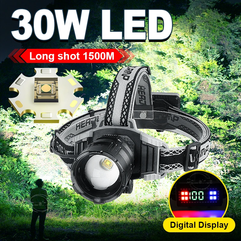

Мощный светодиодный налобный фонарь, 30 Вт, 18650 дюйма, с зарядкой от USB, IPX65, 8000 мАч