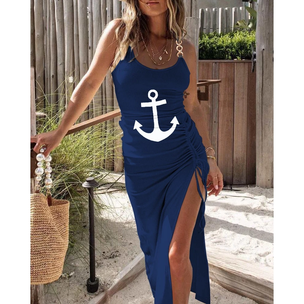 

Summer Women's Anchor Print Drawstring Ruched High Slit Casual Long Dress Slim Sleeveless Cami Dress Evening Long New Sexy Dress