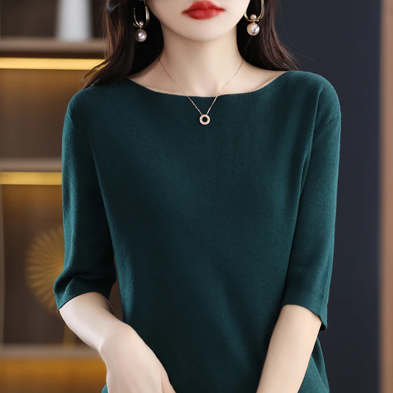 Spring Autumn Round Neck Short Sleeve Women's Sweater Loose Bottoming Shirt Half Sleeve Knit Sweater Thin Medium Sleeve Cashmere