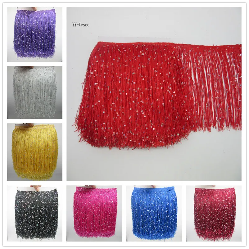 

YY-tesco 1 Yard/lot 20CM Long Polyester Sequins Tassel Fringe Lace Trim Ribbon Sew Latin Dress Stage Garment Curtain Accessories