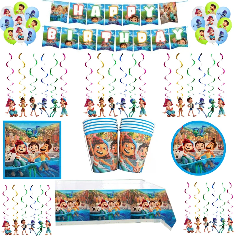 

80Pcs/lot Happy Birthday Party Luca Plates Kids Favors Cups Napkins Tablecloth Baby Shower Decorate Banner Latex balloon Swirls