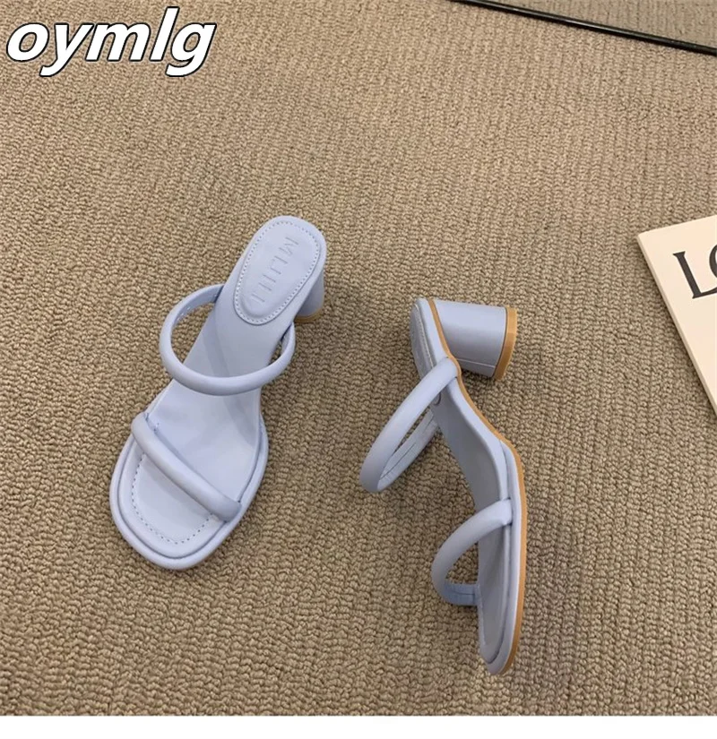 2022women's summer one word with square heels high heels lazy people square toe open-toe outside wearing beach half drag sandals