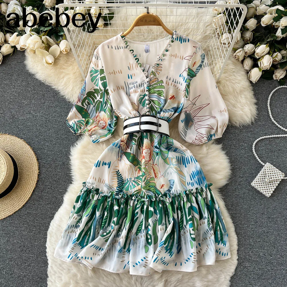 

Runway Lace Trims Embroidery Hollow Out Stitching Flower Dress Women Short Sleeve Floral Print Belted Mini Vestido