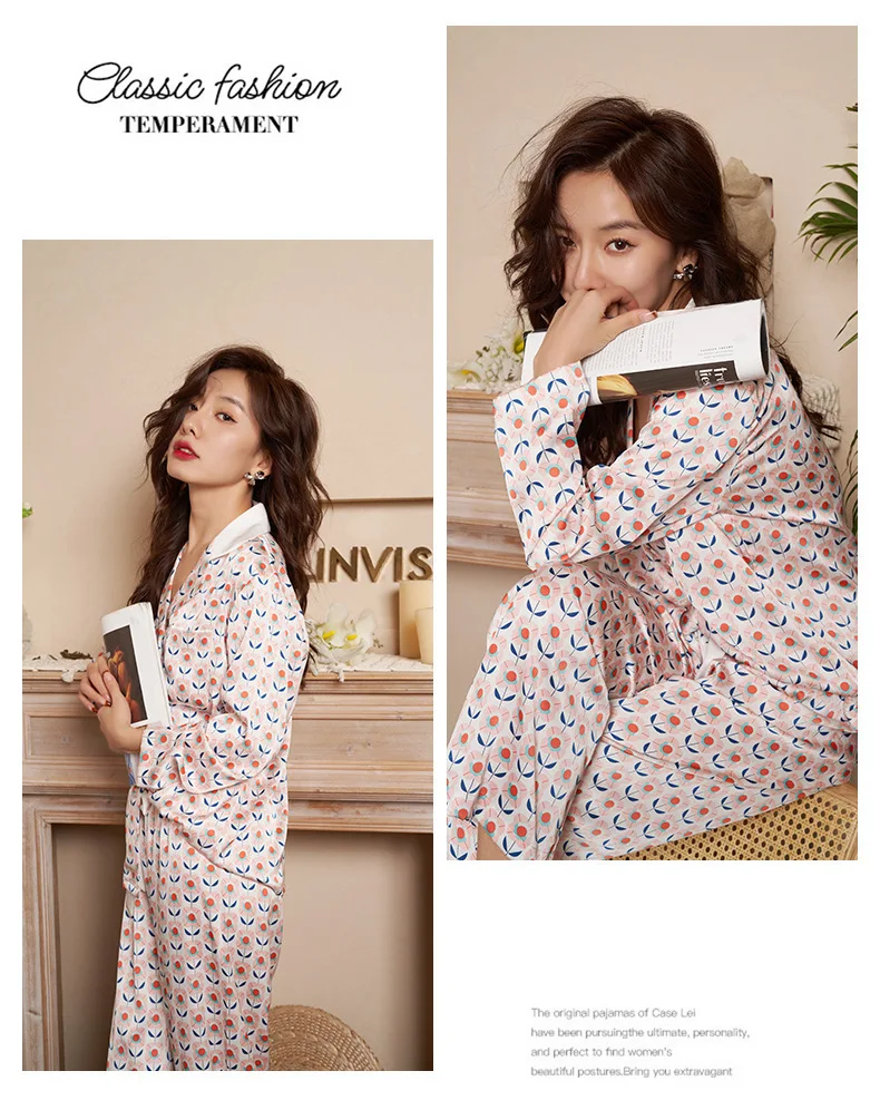 New ice silk pajamas women's simple four-leaf flower long-sleeved two-piece women pajamas