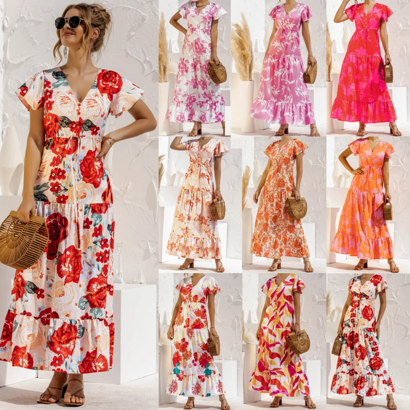 

Short Sleeve Boho Long Dress Fashion Women Summer 2022 Casual Button Floral Drawstring V Neck Loose Beach Dress Party Vestidos
