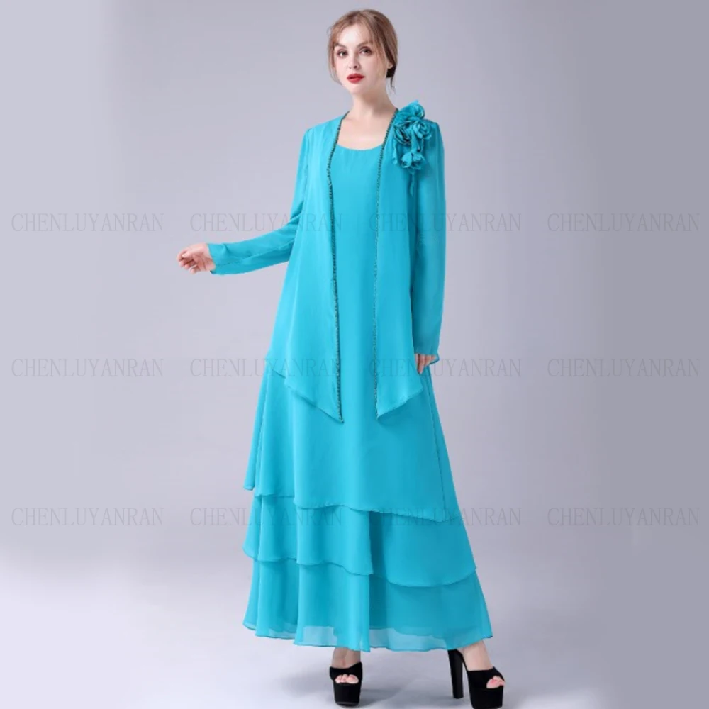

Blue Mother of the Bride Dresses 2023 2 Pieces Chiffon Wedding Dress Gowns Real Picture Long Sleeves Sexy Wedding Party Dress
