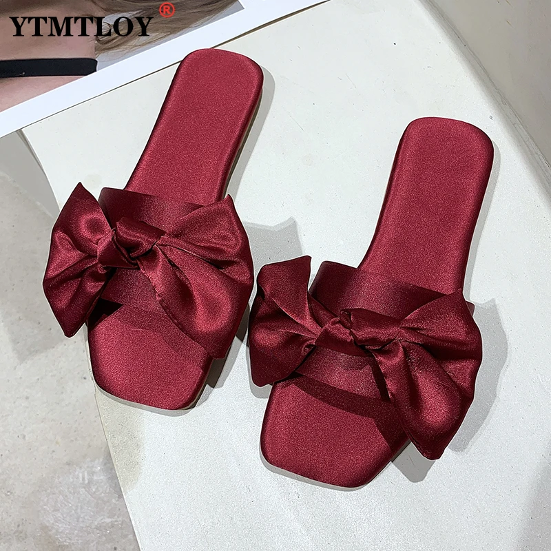 

New Fashion Satins Wedding Slippers Luxury Women Peep Toe Bedroom Home Sandals Bride Bridesmaid Wedding Shoes With Silk Bow