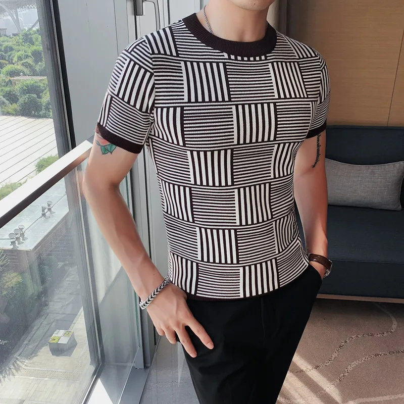 

2023 Summer Knitted T Shirt Men Short-sleeved Slim Fit Casual Tees Tops Ice Silk Round Neck T-shirt Streetwear Men Clothing