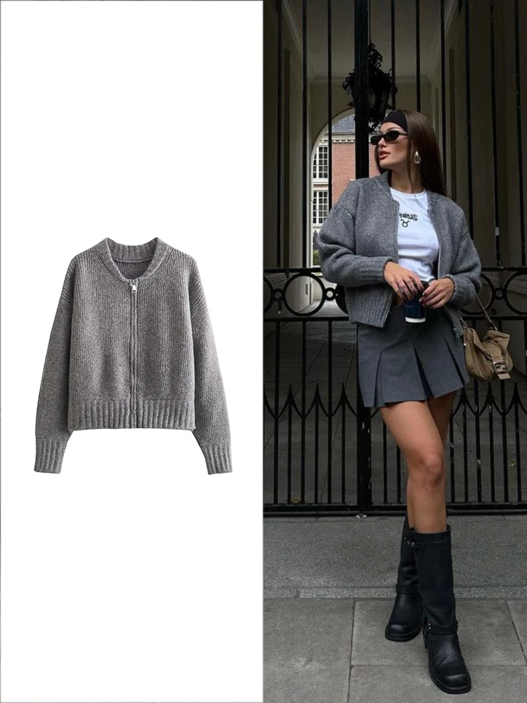 TRAF женская мода Casual круглый шеи свитер пальто ретро длинный рукав молнии вязать