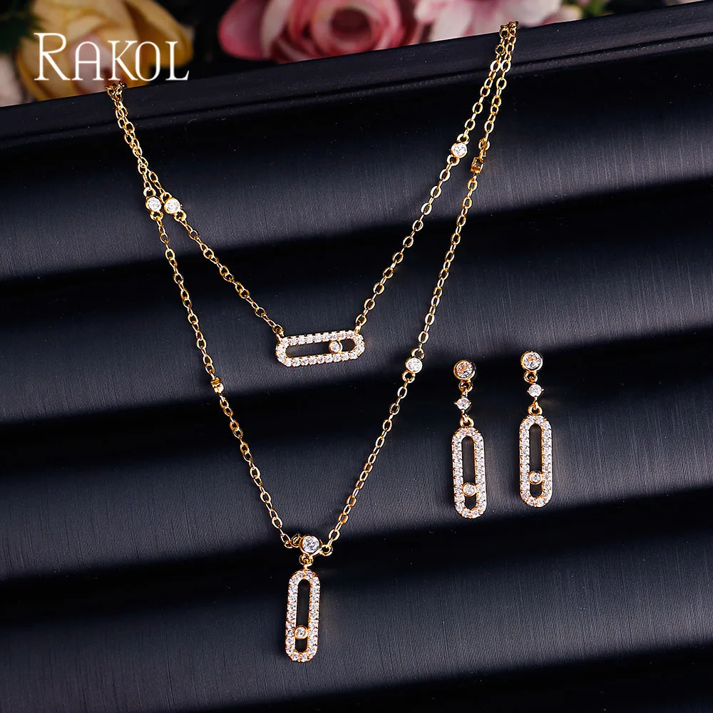 

Ювелирный комплект ювелирных изделий RAKOL с овальным кулоном из циркония, Двухслойное ожерелье, серьги, персонализированные штабелируемые м...
