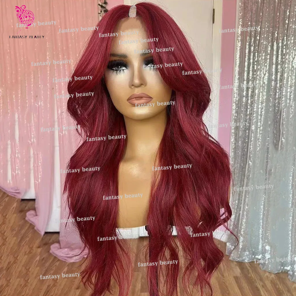 Красный парик из человеческих волос 99J с V-образной частью бордовый U-образной