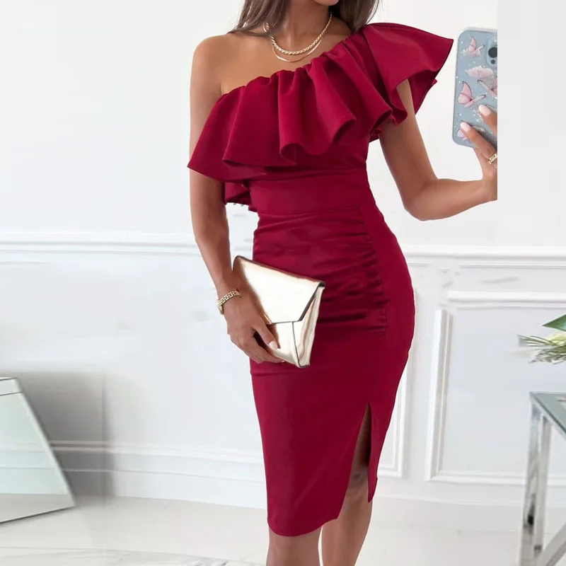 

Women Dress Spring And Summer New Bag Hip Solid Color Commuter Shoulder Show Ruffled High Waist Temperament Split Banquet Dress
