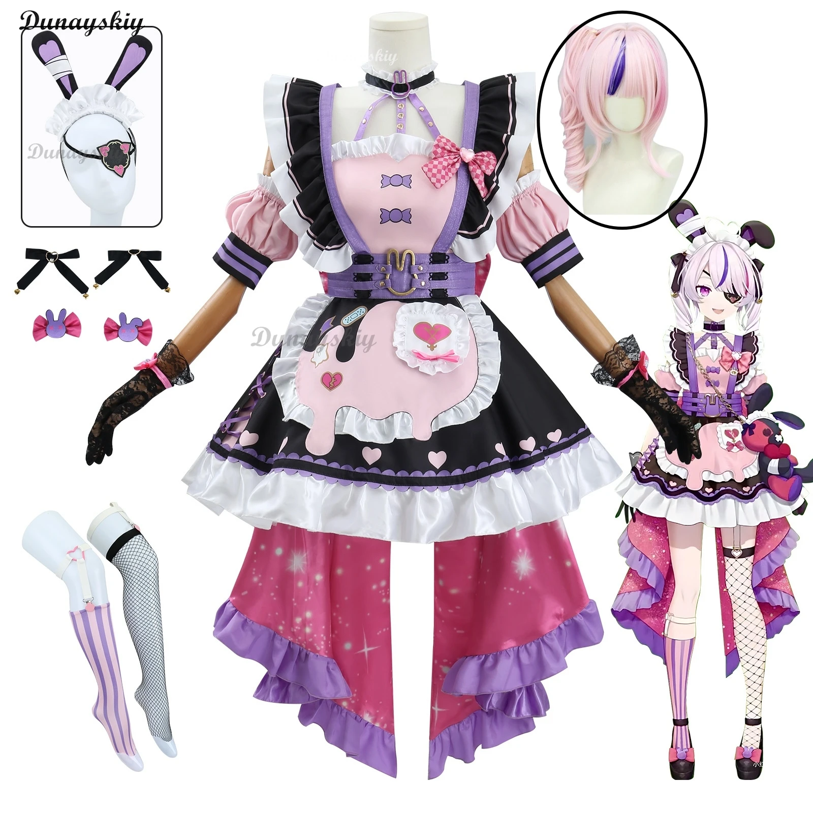 VTuber Мария Марионетка Косплей Костюм Парик Платье 2-й наряд Униформа Чулок Сумка