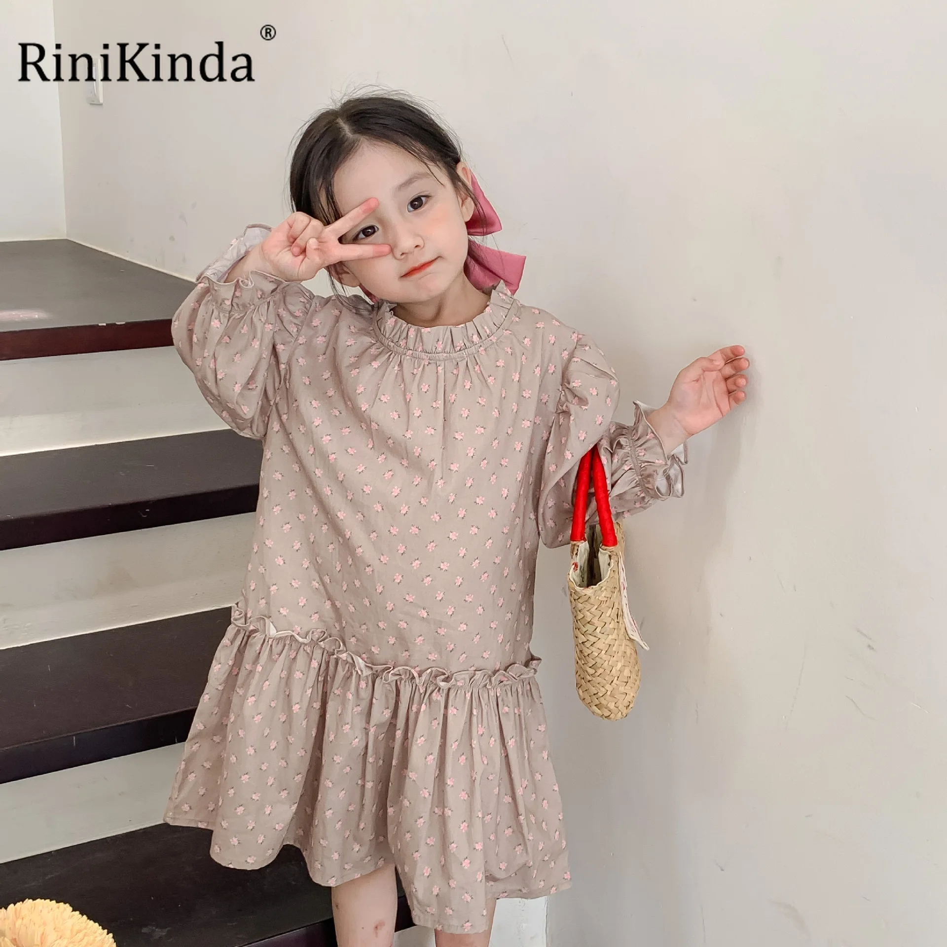 

RiniKinda 2022 Autumn Girls Flower Trumpet Dress Retro Full Sleeve Princess Dresses Children Casual Clothes Fashion Mermaid