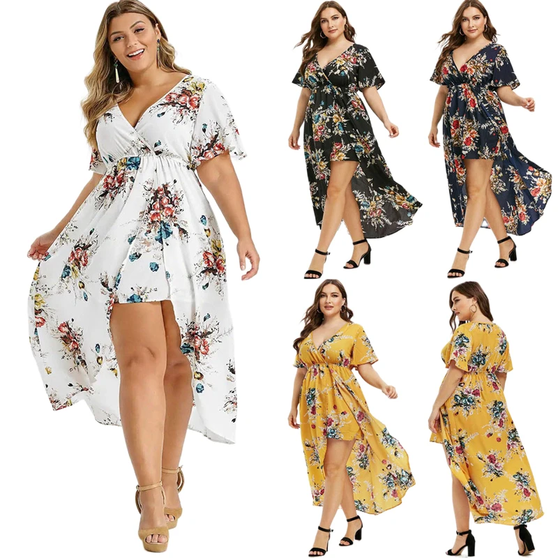 Plus Size Summer Floral Print Long Dresses Women Wrap V Neck Irregular Hem Maxi Dresses Loose Casual Beach Vestidos Dresses