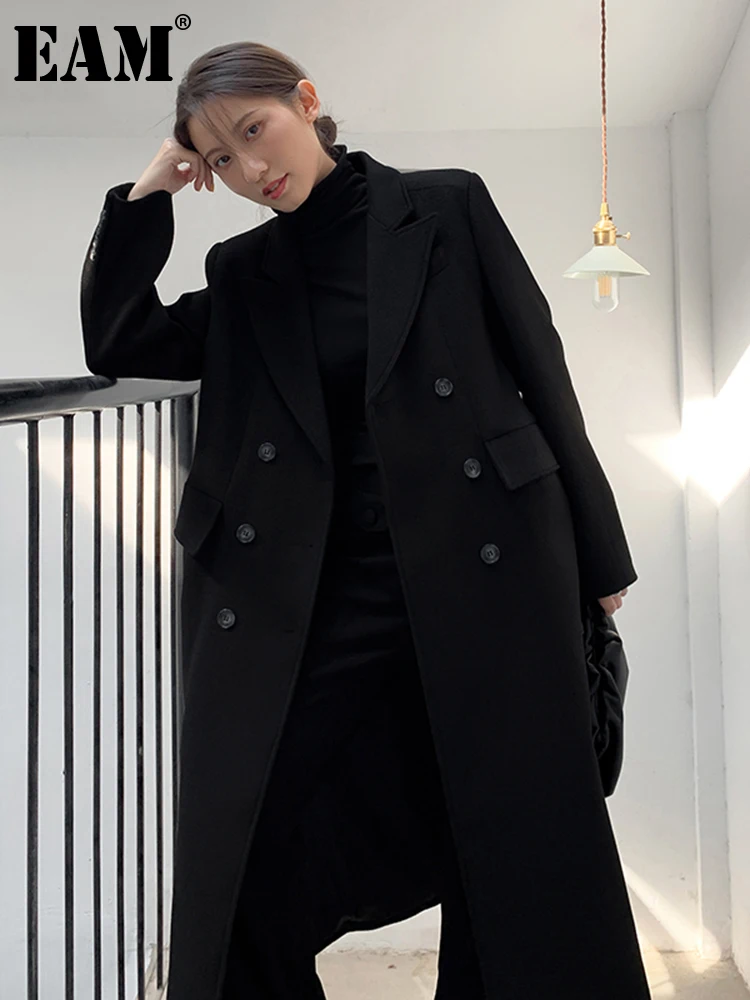 

[EAM] Loose Double Breasted Long Woolen Coat Parkas New Notched Collar Long Sleeve Women Fashion Tide Autumn Winter 2023 1DD3894