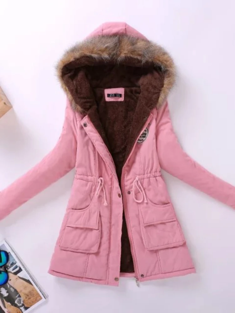 2022 Autumn Winter Pretty Girl Thick Coat Plus Hooded Long Cotton-padded Jacket Wool Collar Drawstring New In Outwears Parkas