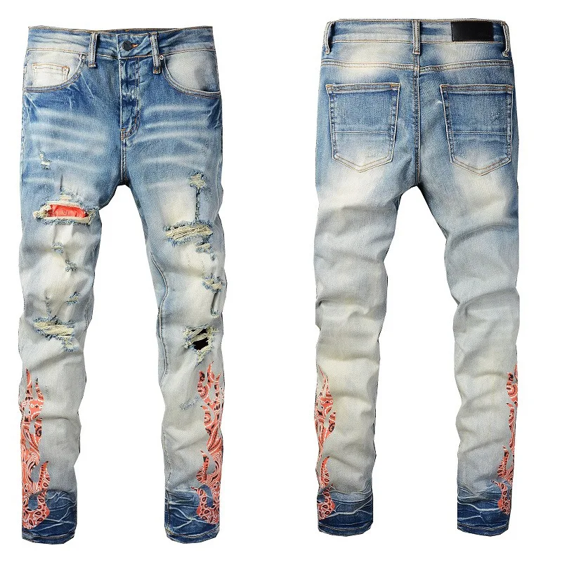 

Light Blue Flame Print Ripped Streetwear for Men Trip Distressed Skinny Stretch Destroyed Tie Dye Patches Slim Fit Denim Jeans