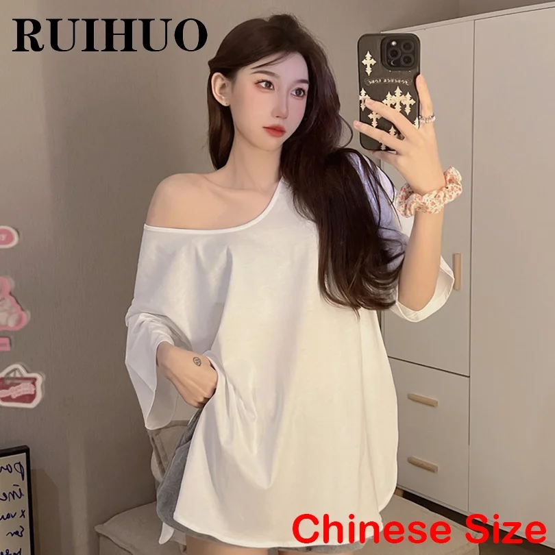 

Однотонные мешковатые футболки RUIHUO, женская одежда 2022, футболки для женщин, топ, китайский Размер, искусственные Новые поступления