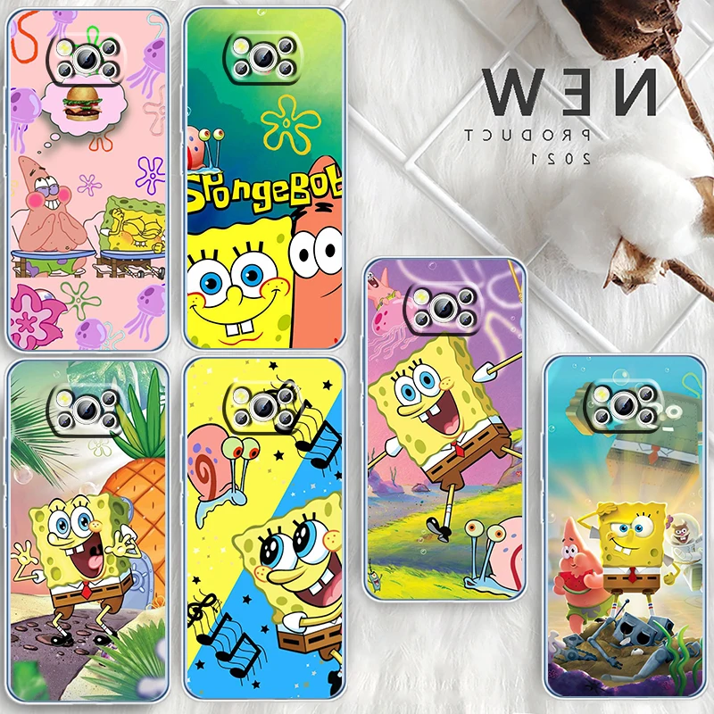

Anime Cartoon SpongeBob Cute Phone Case For Xiaomi Mi Poco X4 X3 X2 NFC F4 F3 F2 GT M5 M5s M4 M3 Pro C40 C3 5G Transparent Funda