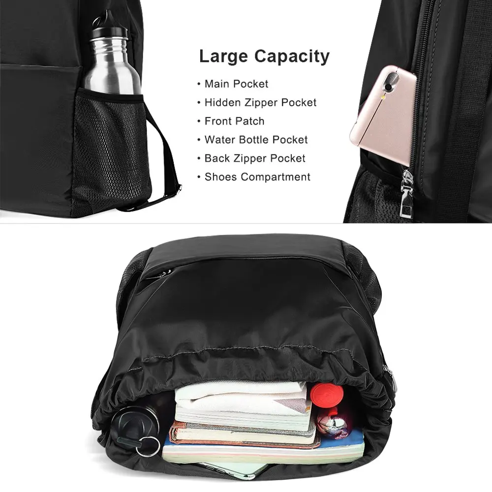 Nylon Waterproof Drawstring Bag, Sackpack Sport Gym Backpack String Bag for Gym Shopping Sport Yoga, Black