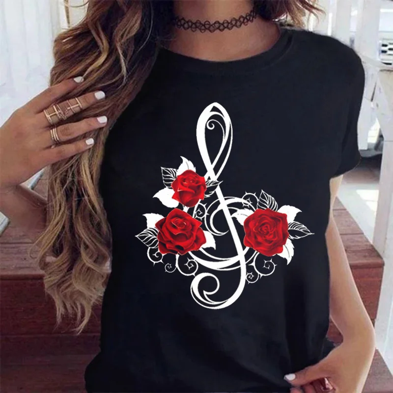 

New Fashion Women Black T Shirt Red Rose Musical Note Printed T Shirt Harajuku Cute Graphic Tee Shirt Female Ladies Casual Tops