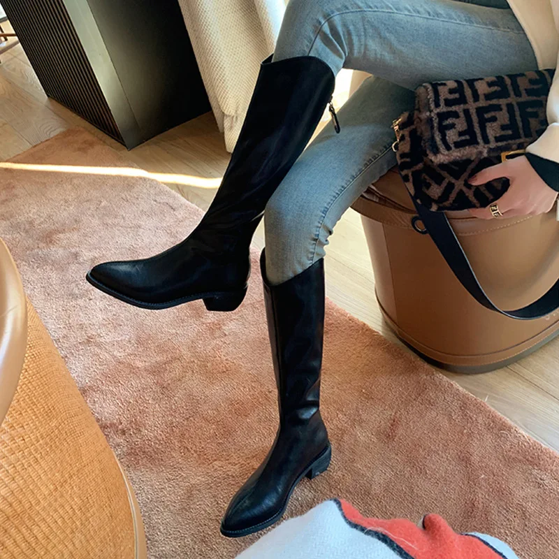 

Pointed Toe Med Heels Knee High Boots Women Fashion Back Zipper Pu Leather Long Boots Woman 2022 Autumn Square Heel Botas Mujer