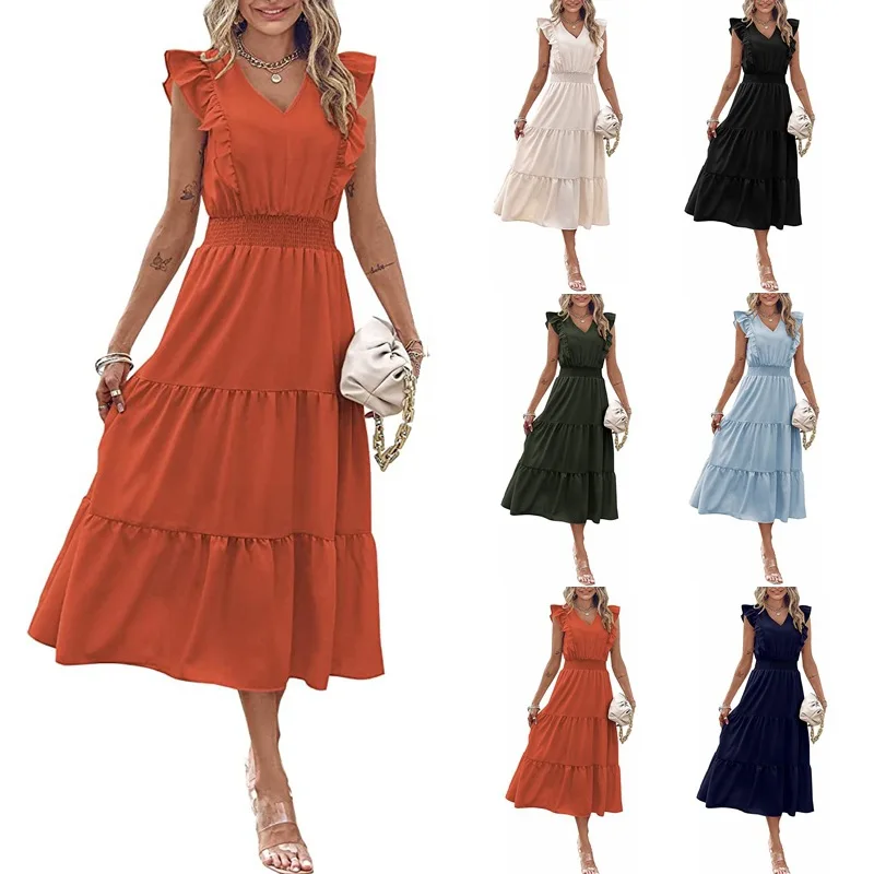 

Women Wood Ear Trim Sleeveless V-Neck Waist Pleated Dress Solid Ruffles Knee Length Dresses Summer Comfy Fashion Hot Dress 2023
