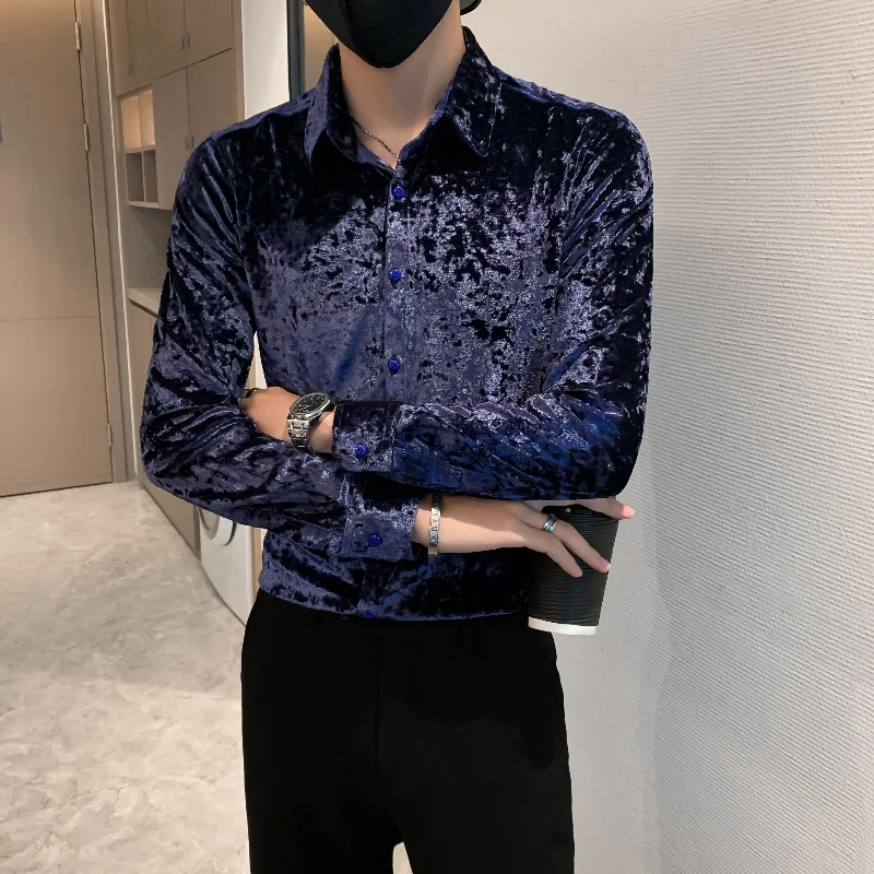 Luxury Velvet Men's Shirts Autumn Winter Long Sleeve Slim Fit Casual Vintage Formal Shirt Social Party Streetwear Homme Chemise