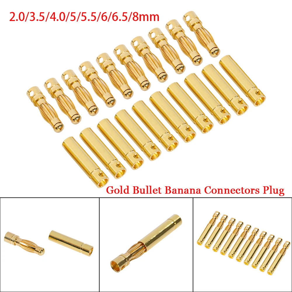 

Оптовая продажа 5/10 пар 2,0 мм 3,5 мм 4,0 мм 5,0 мм 5,5 мм 6,0 мм 6,5 мм 8,0 мм Золотая пуля банановый разъем для мотора аккумулятора ESC