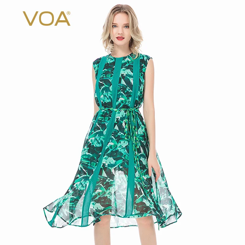 

VOA Silk 12m/m Printed Georgette Women's Tucker Pleats Splicing Tie-Waist Sleeveless Elegant Summer Dress for Women A663