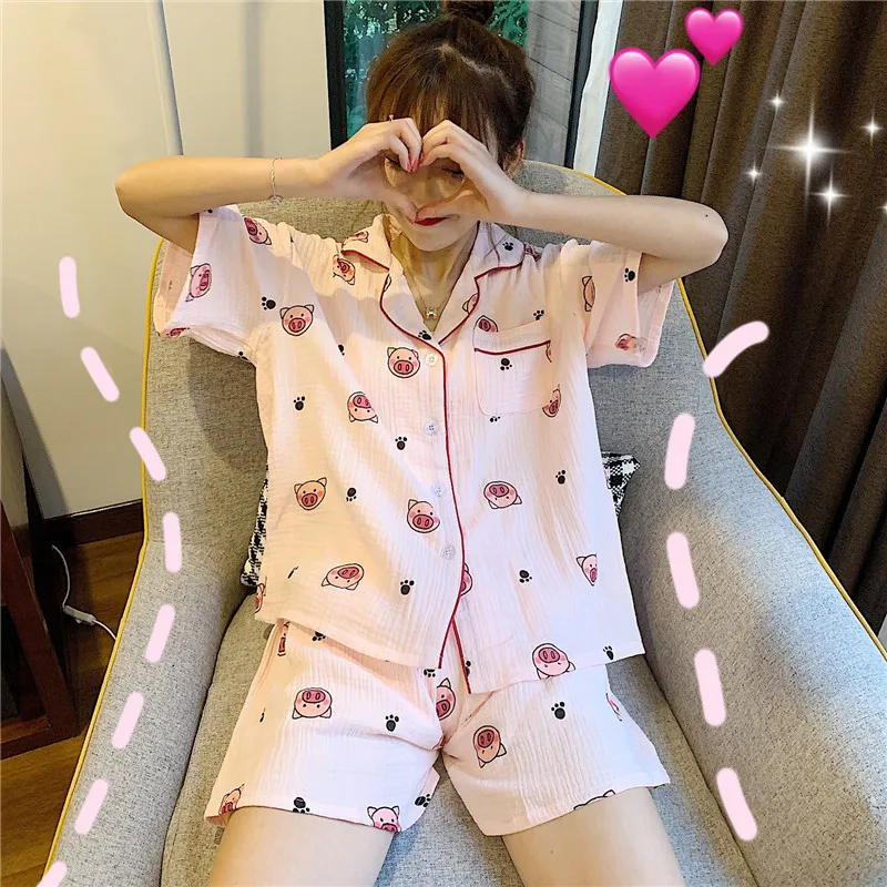 Летний пижамный комплект с мультяшным принтом свиньи Женский однобортный костюм