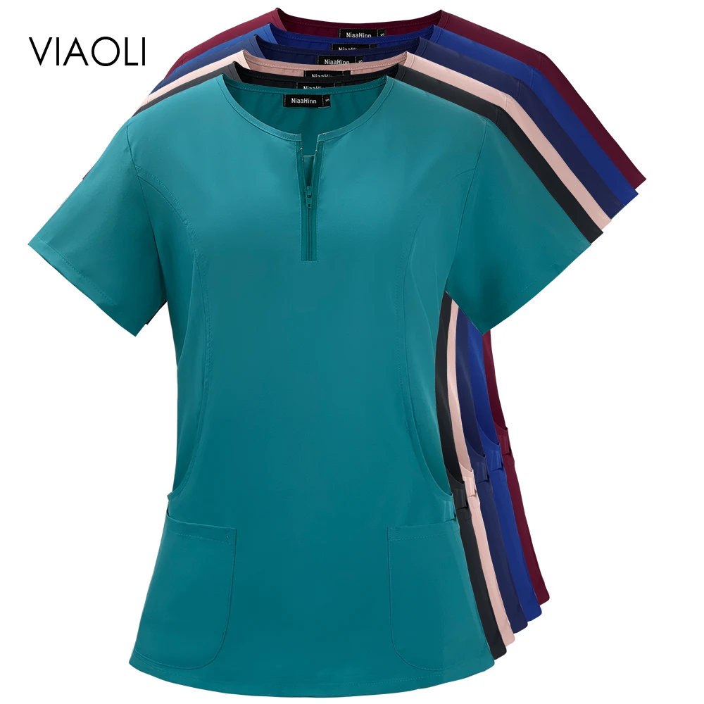 

Sexy Summer Medical Blouse Woman Wholesale Women's Short Sleeve V-Neck Pocket Care Workers T-Shirt Tops Solid Color Nursing Top