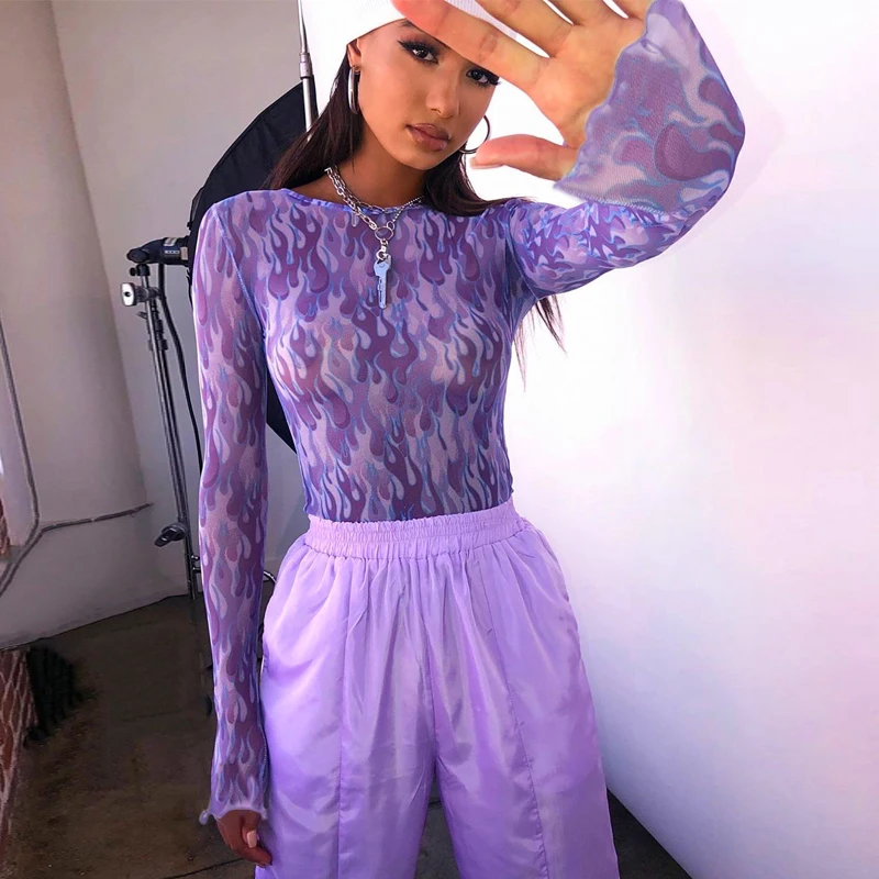 

Топ женский сетчатый с принтом пламени, облегающая футболка с длинным рукавом и круглым вырезом, Модный повседневный приталенный силуэт, ул...