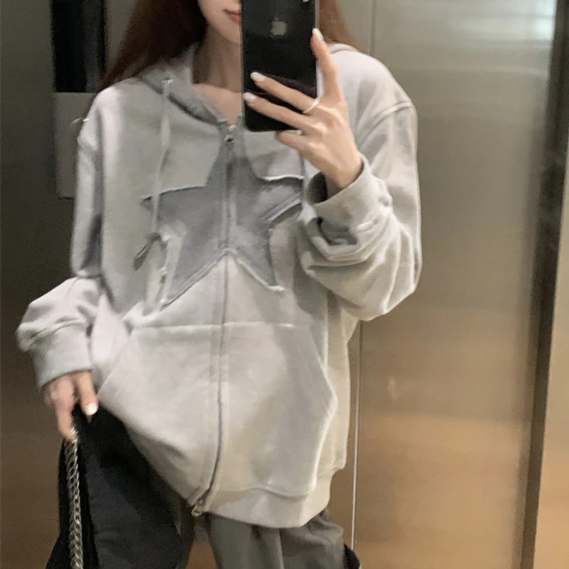

Grunge Aesthetic Drawstring Coat Women Loose Jackets Coats Star Patchwork Y2k Vintage Coat Autumn American Retro Coat Winter