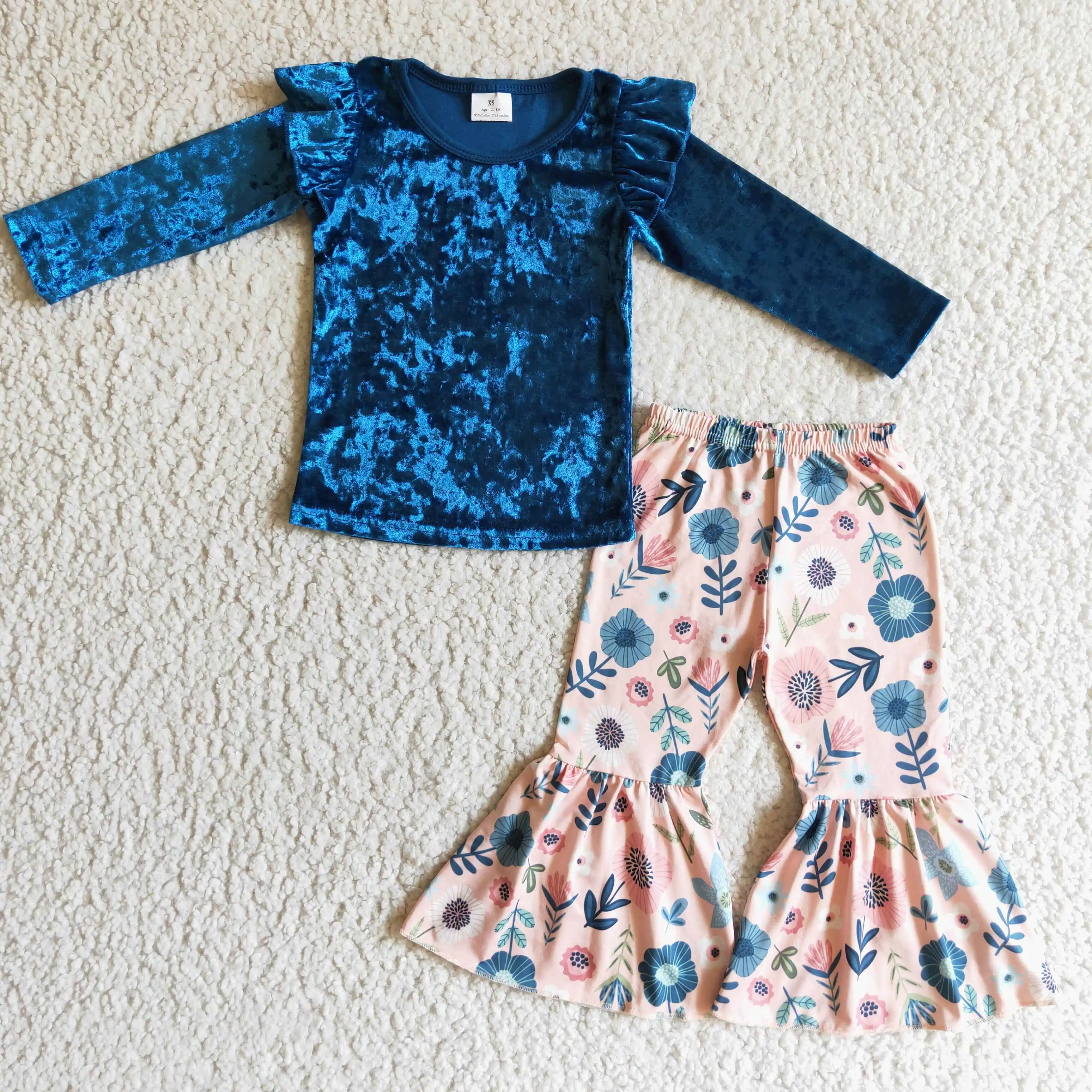 

GLP0220 girl fall high quality flannels blue long sleeve top and flowers pattern bell bottoms set