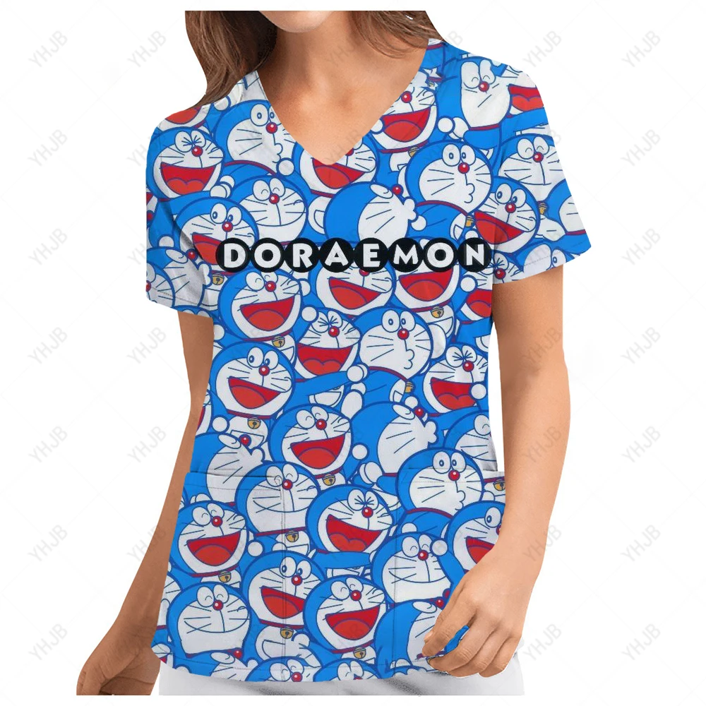 

Summer Women Medical Uniforms Nurse Doraemon Print Workwear Clothes Dental Clinic Beauty Salon Pet Pharmacy Work Suits