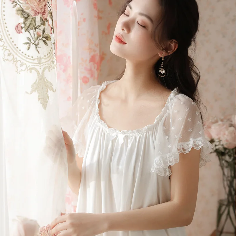 Sweet Cotton Night Dress Women Summer White Sexy Nighty Lace Short Sleeve Mini Nightdress Vintage Nightgowns Princess Sleepwear
