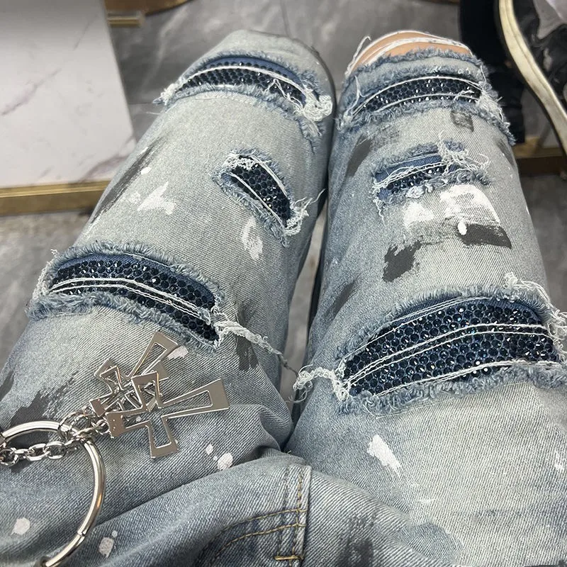 High Street Style Blue Diamond Jeans Red Diamond Speckled Ink Perforated Jeans High Elastic Slim Fit