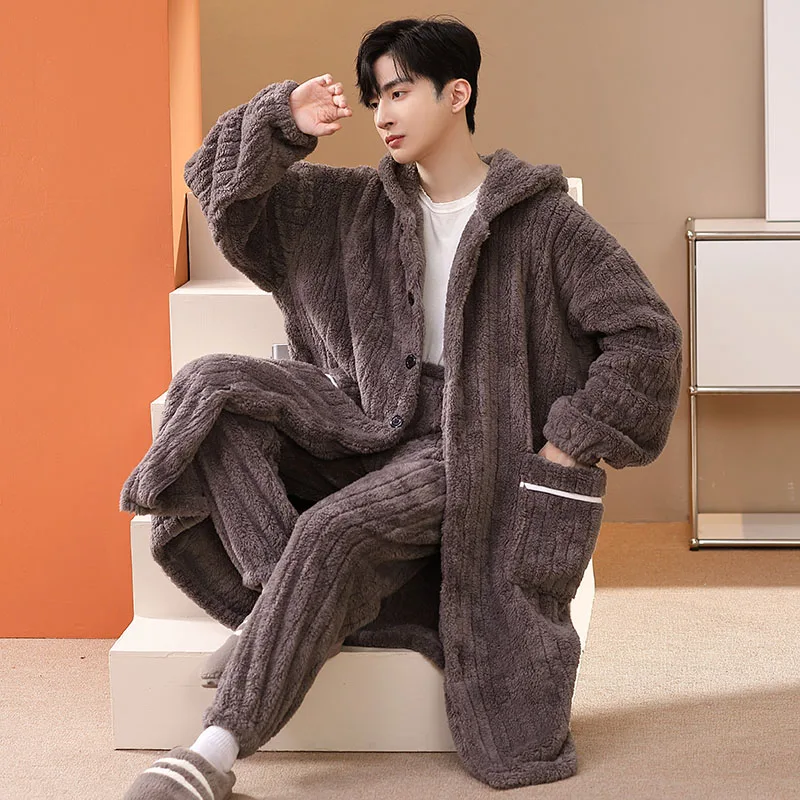 Men Coral Fleece Robe Set Winter Plus Size Kimono Thick Warm Bathrobe Flannel Men Robe Cold Pijama Hombre Cardigan Robes Gown