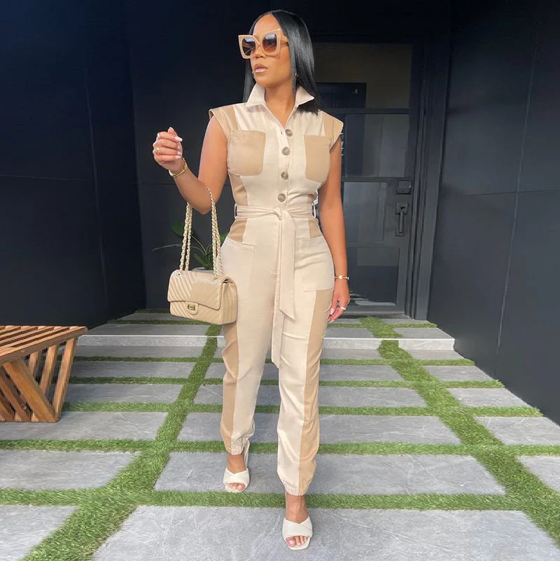 Women's Casual Baggy Overalls Jumpsuit With Pockets Matching Waist Trimming Shirt Short Sleeve Jumpsuit With Belt