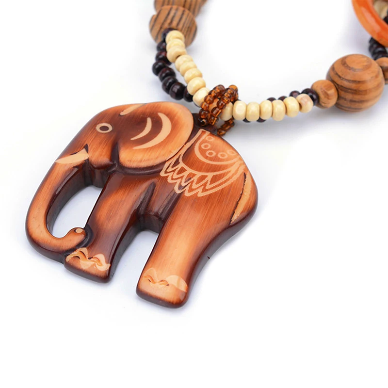 2022 Boho Jewelry Ethnic Style Long Hand Made Bead Wood Elephant Pendant Necklace for Women Price Decent women's neck |