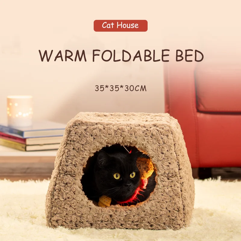 

Warm Foldable Cat House Rose Velvet Full-closure Pet Bed For Baby Dogs Playing Balls Fluffy Removeable Pillow Winter Supply