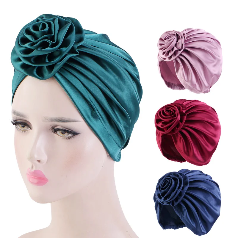 

Silky flower Turban Hat Fashion Female satin Bandana Headband Women's Hair Cover Cap Ladies Head Wraps Muslim Headscarf Bonnet