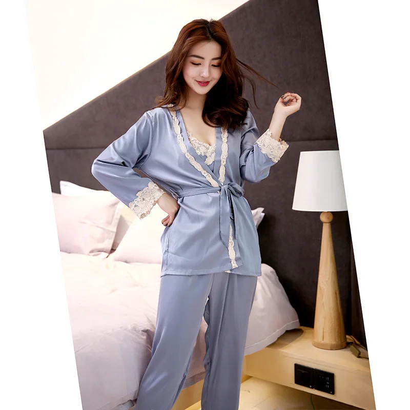 3pcs Stain Silk Pajamas Set for Women Solid Sexy Lingerie Sling Long Sleeve Lace Edge Robes Casual Trousers Loungewear Woman Pjs